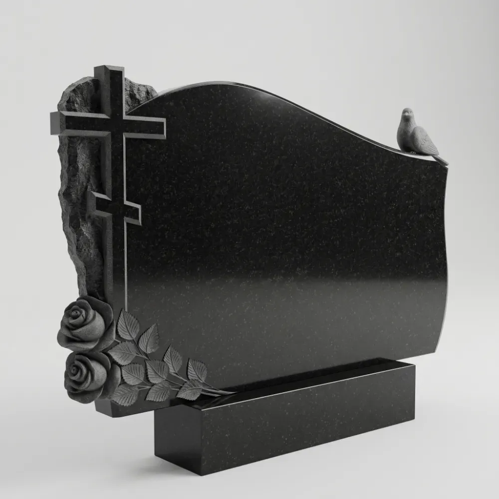 Горизонтальный памятник Крест розы из черного гранита Габбро-Диабаз, семейное надгробие с резными цветами на двоих, Подольск