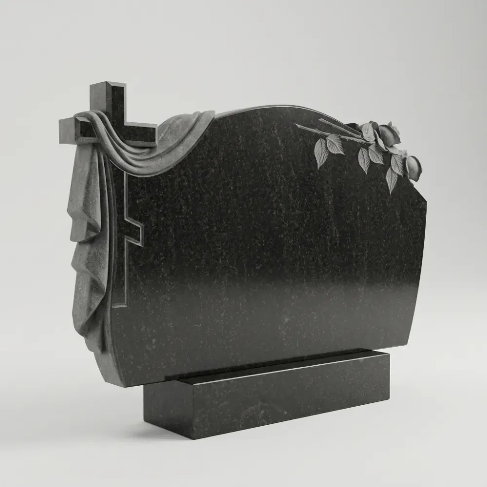 Горизонтальный памятник Плащаница две розы из черного гранита Габбро-Диабаз, семейное надгробие с резной тканью и цветами на двоих, Подольск