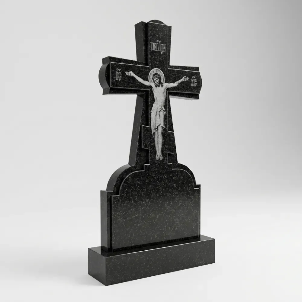Гранитный крест с гравировкой распятия Иисуса Христа из черного гранита Габбро-Диабаз, православный памятник на могилу, Подольск