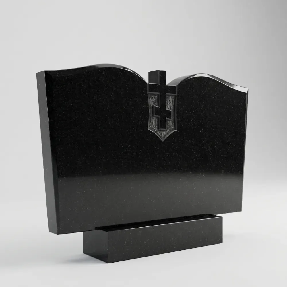 Горизонтальный памятник с крестом из черного гранита Габбро-Диабаз, православное семейное надгробие на двоих, Подольск