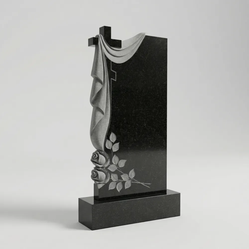 Резной гранитный памятник с плащаницей и розой на могилу