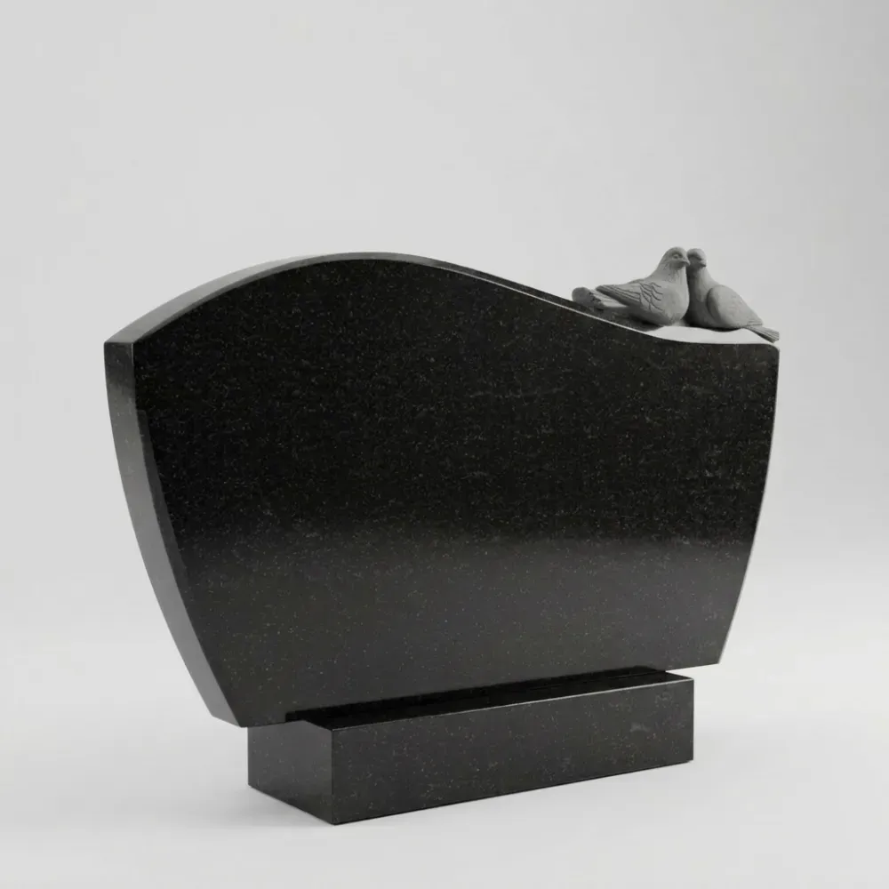 Горизонтальный памятник Два голубя из черного гранита Габбро-Диабаз, семейное надгробие с резными птицами на двоих, Подольск