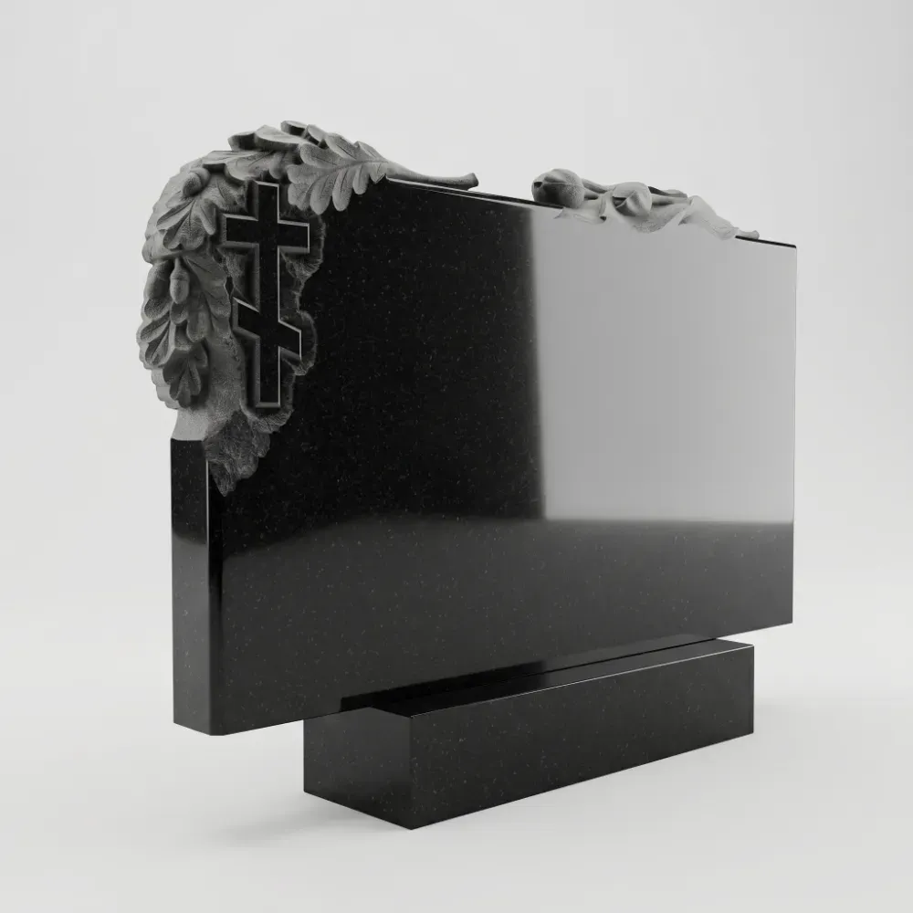 Горизонтальный памятник Дуб тюльпан из черного гранита Габбро-Диабаз, семейное надгробие с художественной резьбой на двоих, Подольск