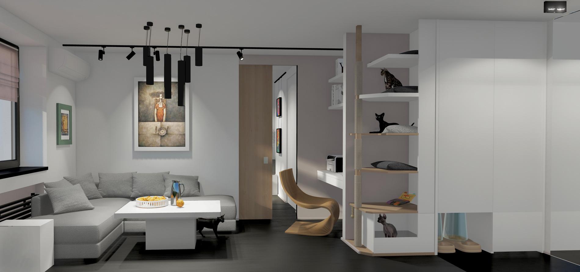 Современный минимализм дизайн интерьера для владельцев кошек домашних животных в скандинавском стиле джапанди